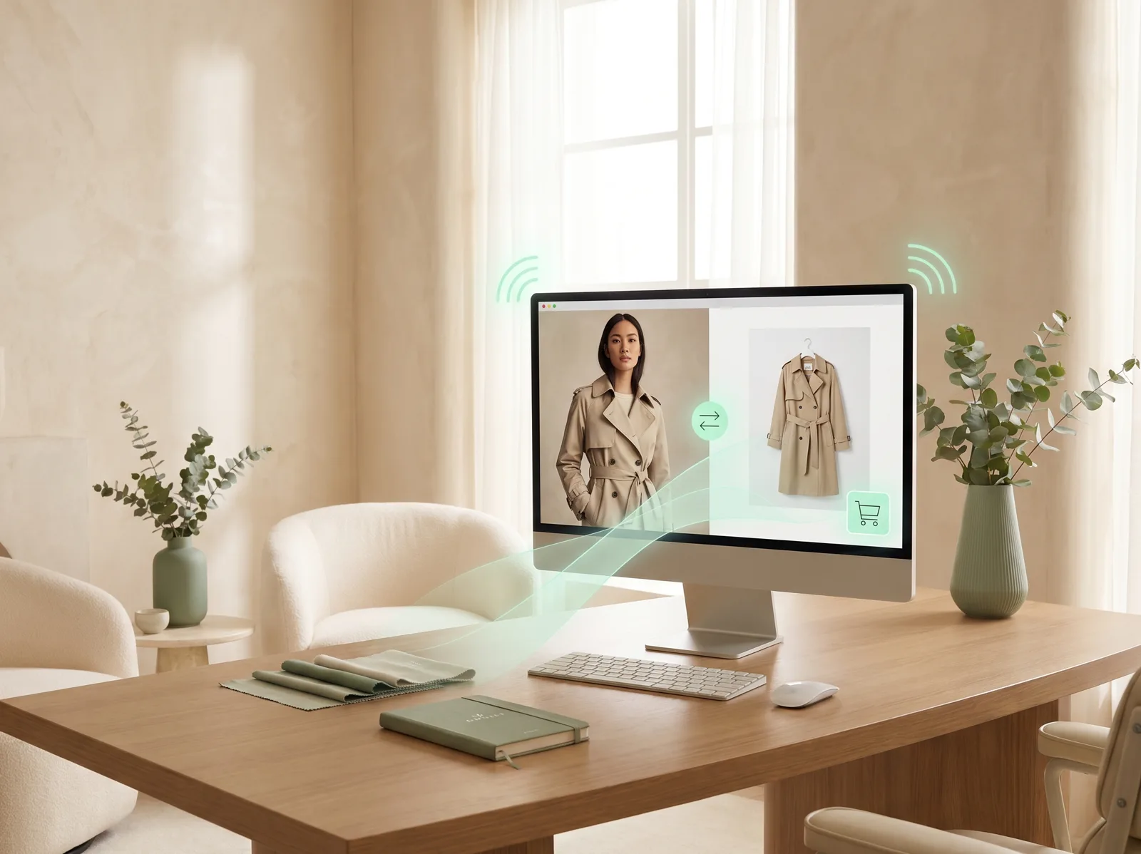 Warm commerce integration scene showing shopper and product personalization inside an existing store journey
