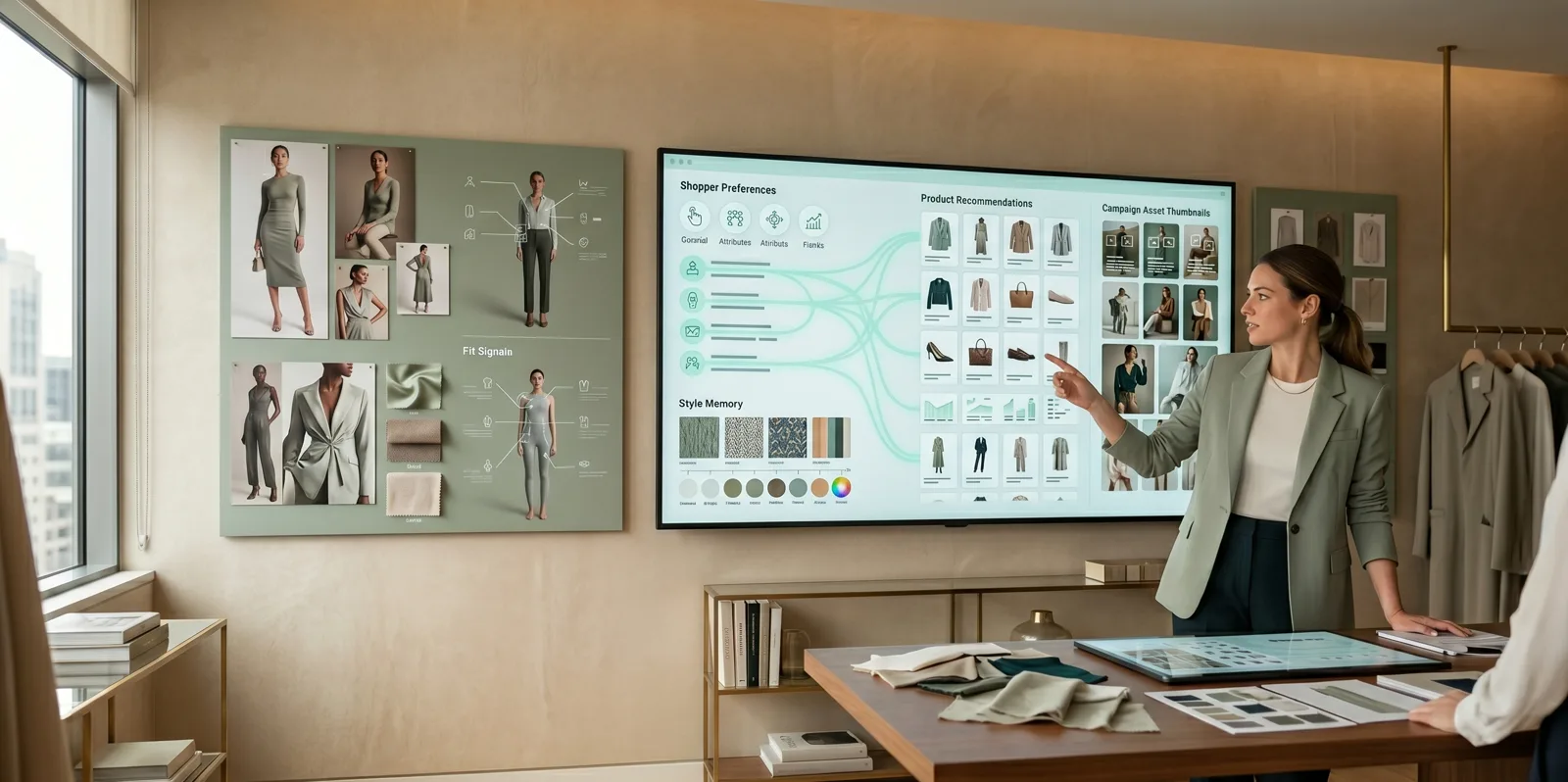 Fashion merchandising workspace with recommendations, fit signals, and campaign asset thumbnails