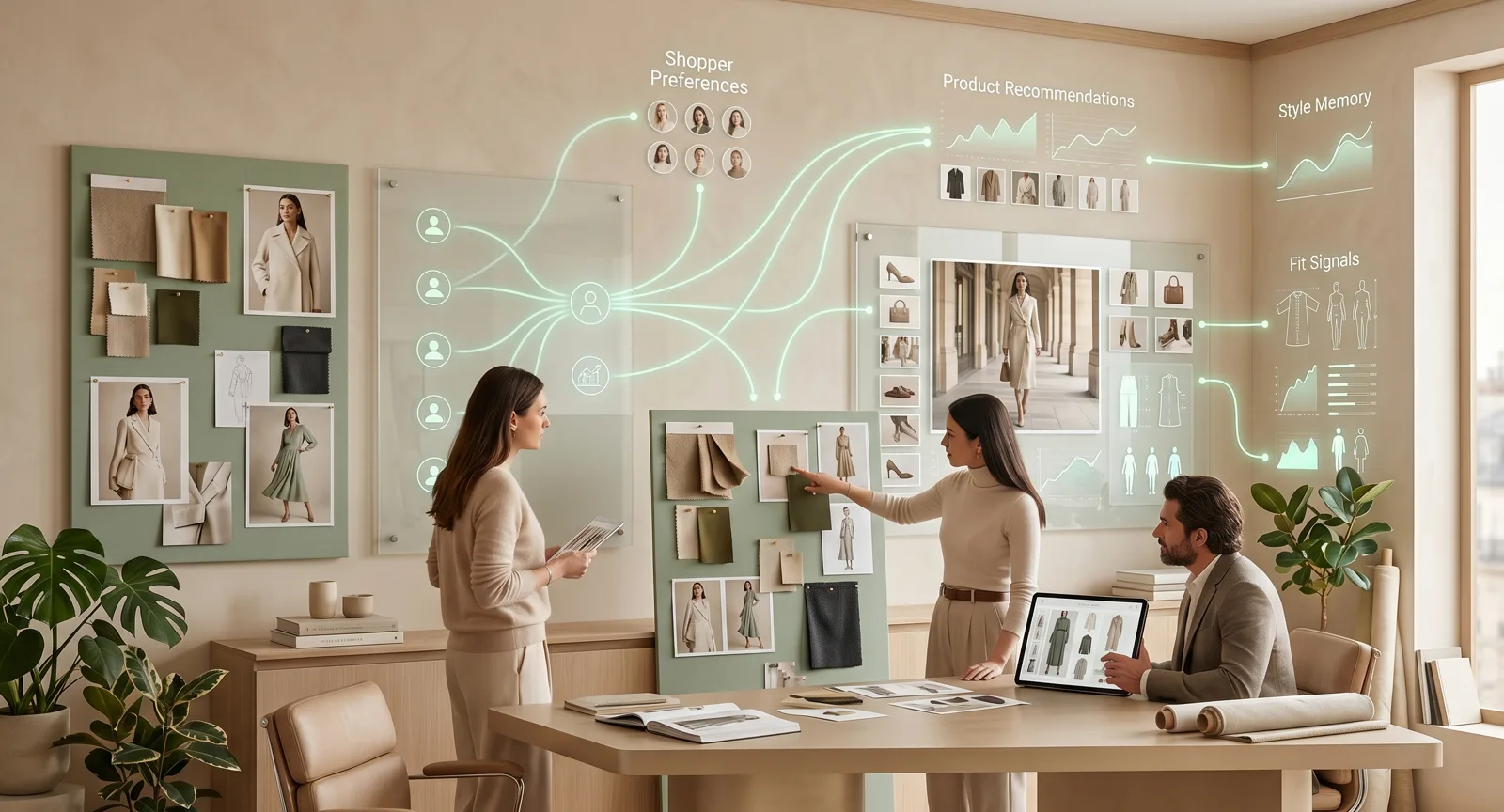 Warm merchant intelligence room with shopper preferences, product recommendations, style memory, and fit signals
